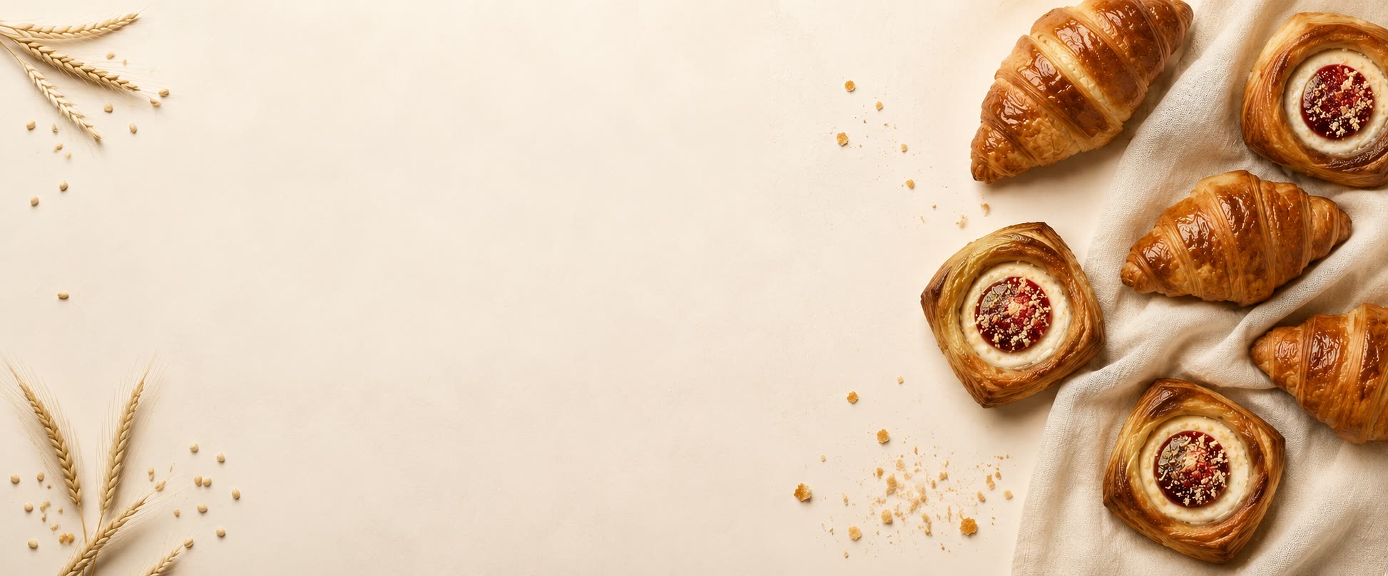 Croissante și danish-uri proaspete GIO Pastry pe fundal crem cu spice de grâu